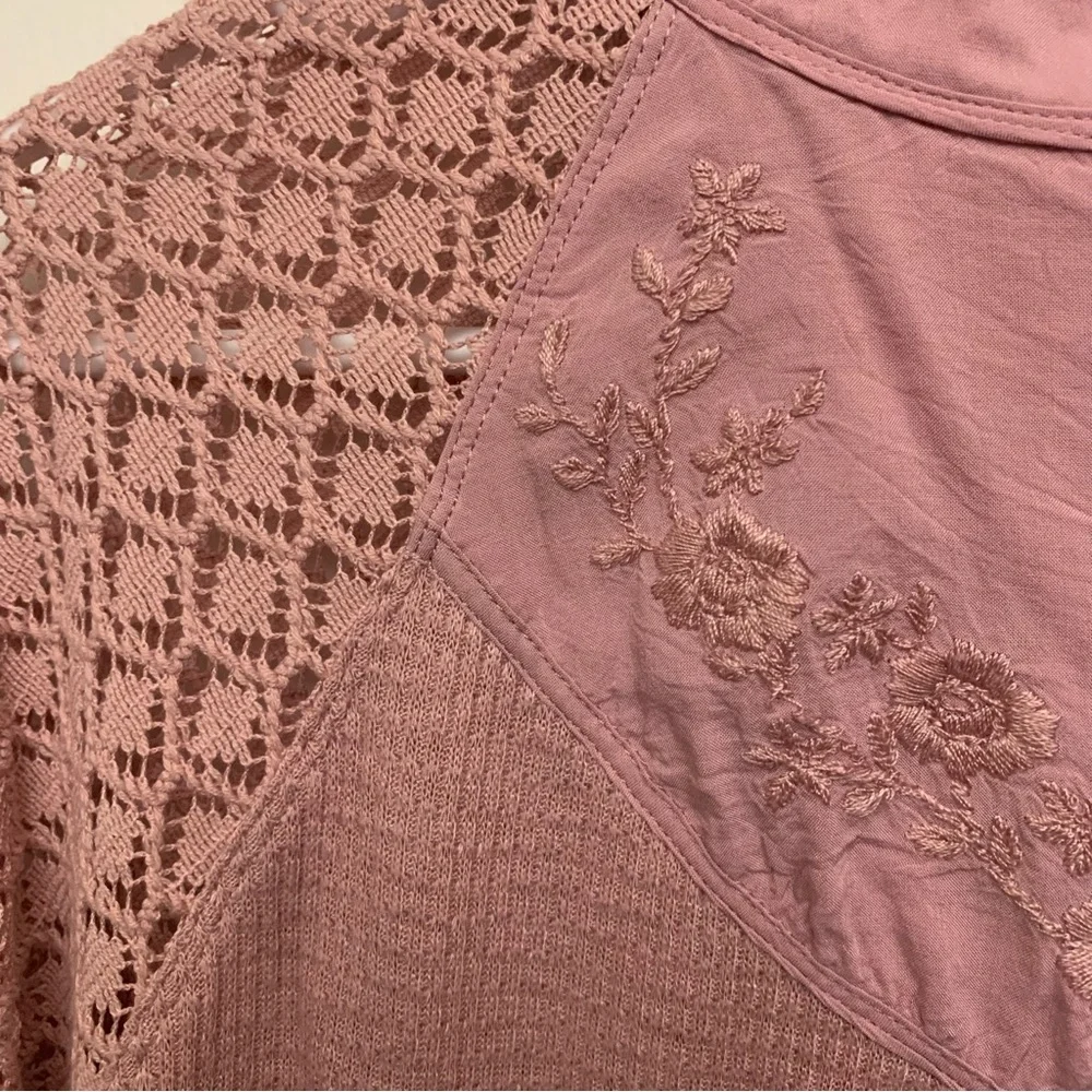 Free People Embroidered Crocheted Thermal High Neck Top